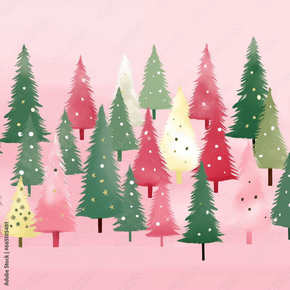 Watercolor green and pink Christmas trees. Hand drawn illustration. Christmas and New Year background.
