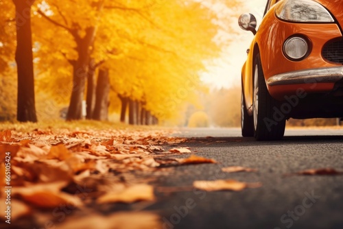 Car on asphalt road on an autumn day at the park. © Anowar