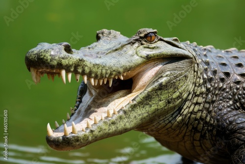 Crocodile with its mouth wide open with a green lake in the green background. © Anowar