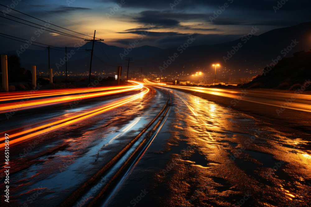 Car lights trail through the winding mountain road