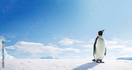 Penguin standing in Antarctica looking into the blue sky.