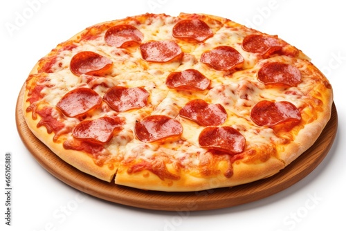Delicious pepperoni pizza served on a rustic wooden plate