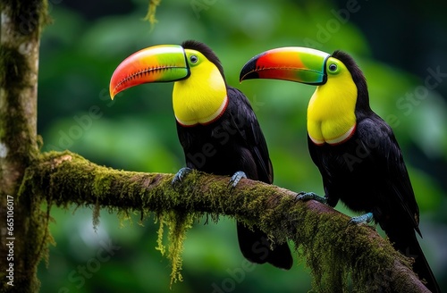 Toucan sitting on the branch in the forest. © Anowar