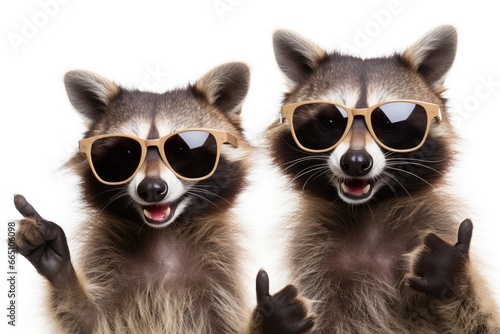 Two cool raccoons showing their approval with thumbs up and stylish sunglasses