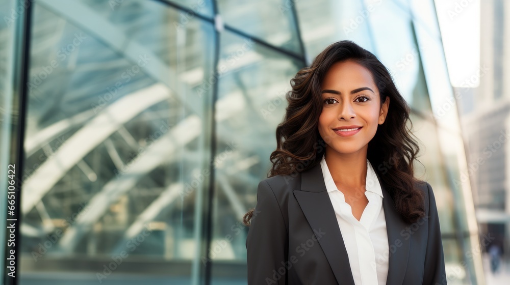 Portrait of a young Mexican businesswoman in front of a modern corporate glass building Portrait of a young Mexican businesswoman in front of a modern corporate glass building