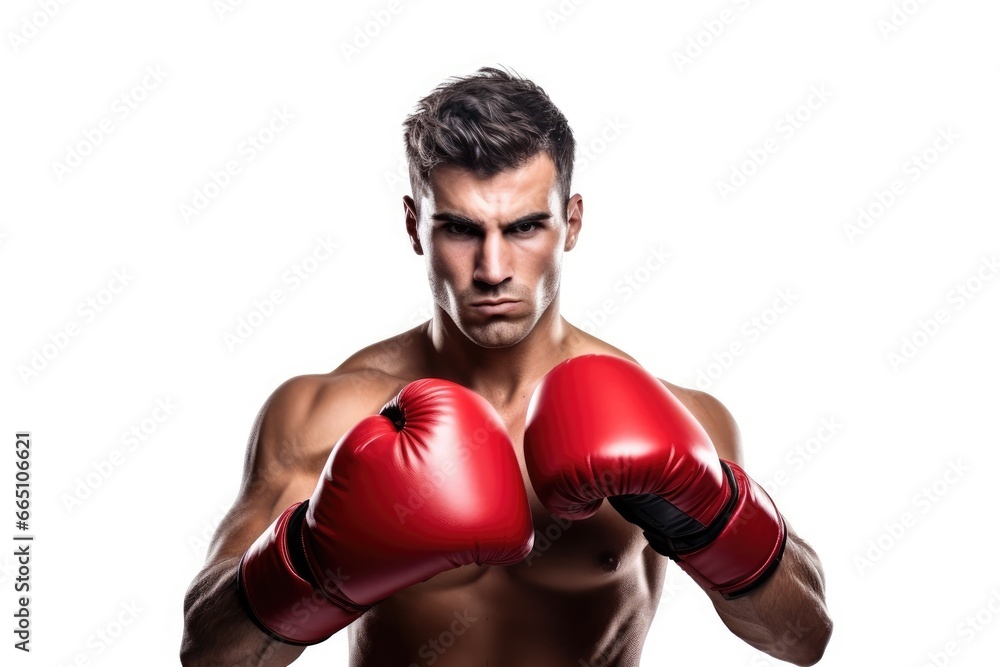 A confident man showcasing his boxing skills with red gloves