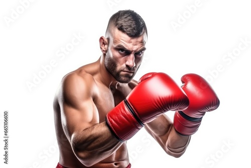 A confident man showcasing his boxing skills with red gloves