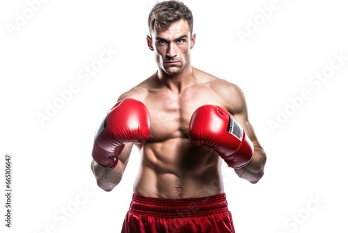 A confident boxer showing off his red glove for a photoshoot
