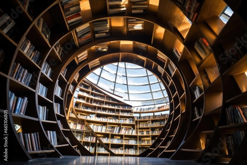 A cozy library with natural light streaming in from a skylight