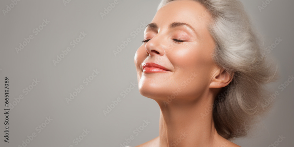 Portrait of Beautiful Older 50s 60s 70s Mid Aged Healthy Mature Woman Isolated on White Background. Anti-aging Skin Care Beauty, Cosmetics Concept. Natural Beauty Product. Portrait of Beautiful Older 50s 60s 70s Mid Aged Healthy Mature Woman Isolated on White Background. Anti-aging Skin Care Beauty, Cosmetics Concept. Natural Beauty Product.