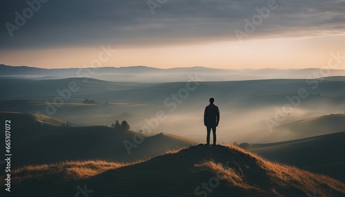 Solitary Figure on Hilltop at Tranquil Dawn