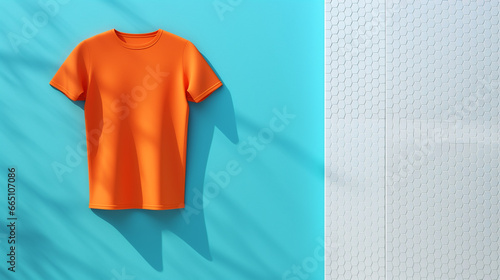 a orange swim shirt placed on the blue and white surface background with copy space. swim shirt ads concept and tshirt photo