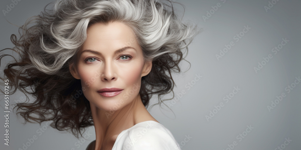 Portrait of Beautiful Older 50s 60s 70s Mid Aged Healthy Mature Woman Isolated on White Background. Anti-aging Skin Care Beauty, Cosmetics Concept. Natural Beauty Product. - obrazy, fototapety, plakaty 
