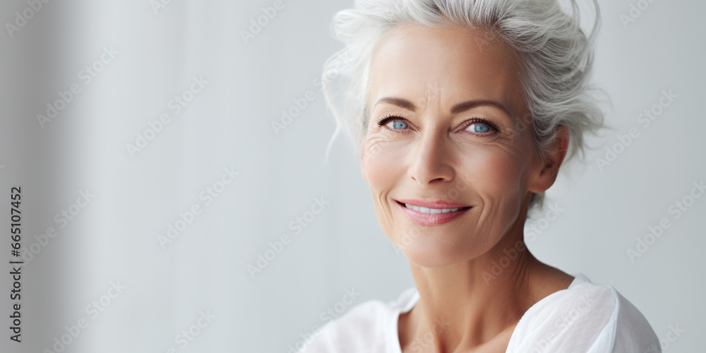 Portrait of Beautiful Older 50s 60s 70s Mid Aged Healthy Mature Woman Isolated on White Background. Anti-aging Skin Care Beauty, Cosmetics Concept. Natural Beauty Product.