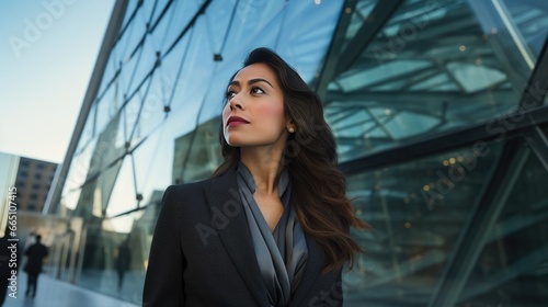 Portrait of a young Mexican businesswoman in front of a modern corporate glass building © Krtola 