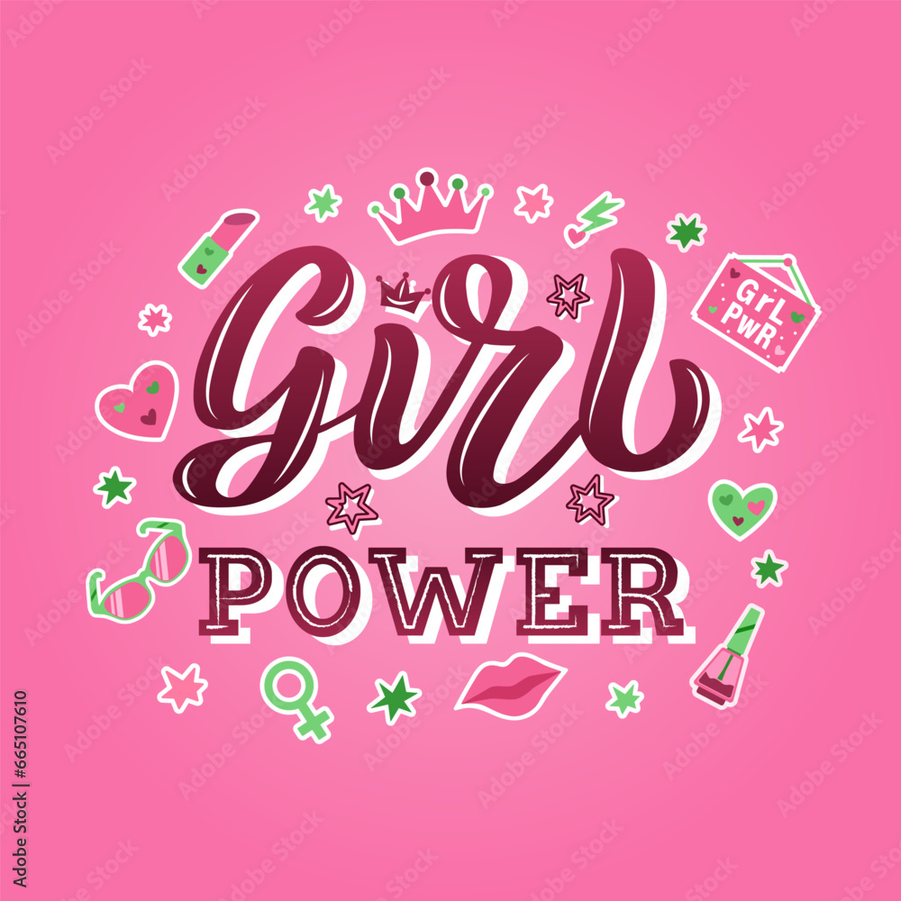 Girl Power color lettering phrase on textured background. Hand drawn vector illustration with text decor for concept or card. Positive motivational quote with cartoon icons set for banner or poster