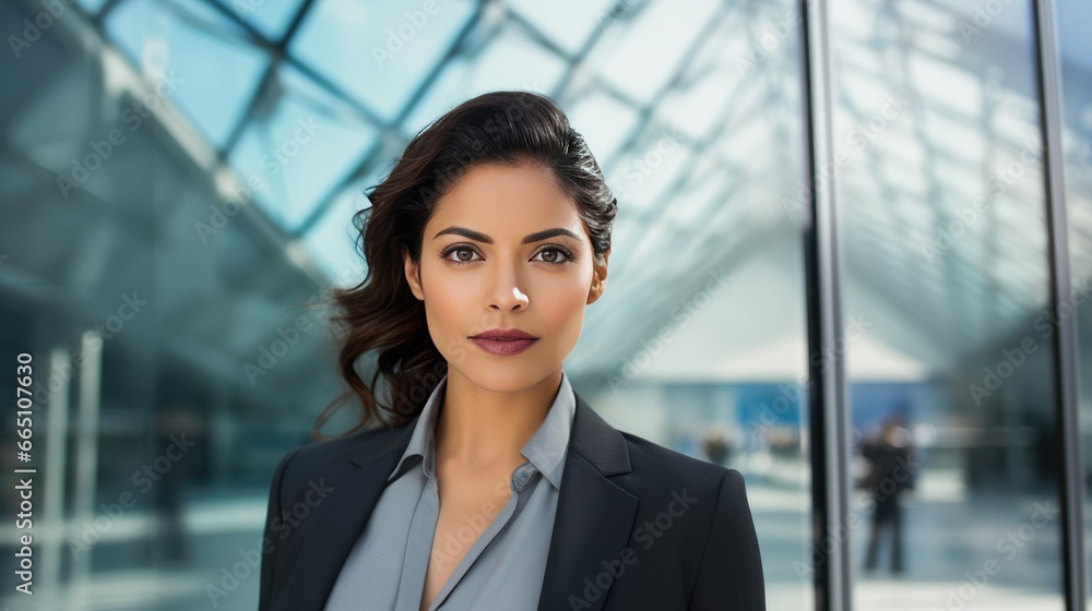Portrait of a young Mexican businesswoman in front of a modern corporate glass building Portrait of a young Mexican businesswoman in front of a modern corporate glass building