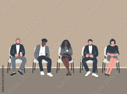Diverse group of people waiting in line. Men and women sit on chairs and look at their phones. Vector illustration