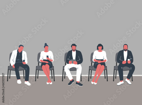 People waiting in line. Men and women sit on chairs and look at their phones. Vector illustration