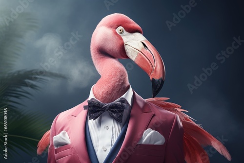 A stylish flamingo dressed in a vibrant pink suit and accessorized with a bow tie photo