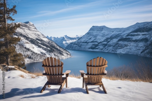 A pair of wooden chairs in mountain lake