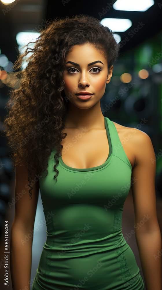 Fit woman in green sportswear with wavy hair posing in a modern setting. Athletic fashion, urban gym background.