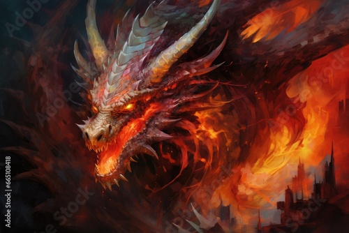 A fiery depiction of a mythical dragon in vibrant red and yellow hues
