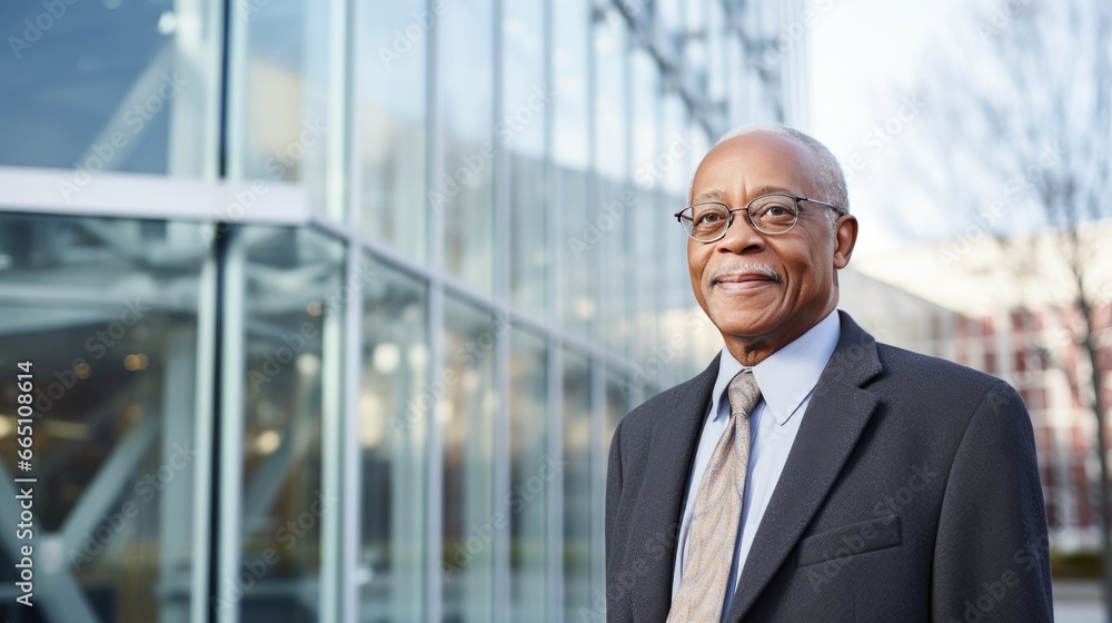 Portrait of a senior African American businessman in front of a modern corporate glass building