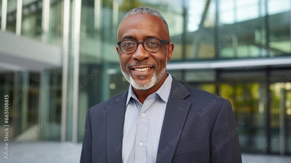 Portrait of a senior African American businessman in front of a modern corporate glass building Portrait of a senior African American businessman in front of a modern corporate glass building