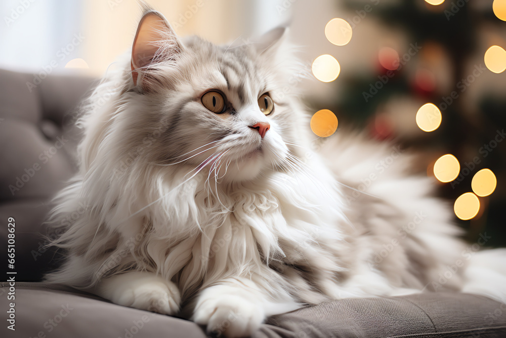 Adorable cute cat relaxing on couch in living room decorated with Christmas ornaments Adorable cute cat relaxing on couch in living room decorated with Christmas ornaments