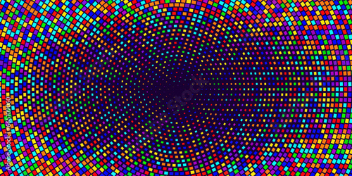 A radial mosaic of rainbow colors made from square tiles that decrease towards the center. Vector tunnel or portal. Abstract pattern on a black background.