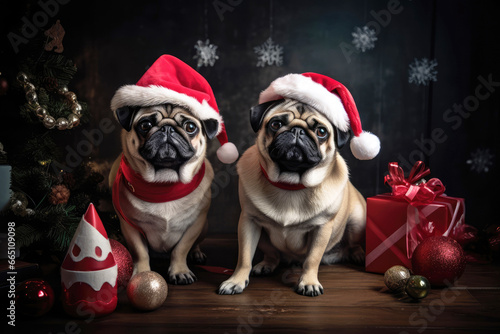 Two cute pugs on christmas with santa hats © Jürgen Fälchle