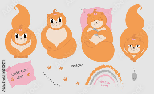 Cute cat set. Four cat positions with different emotions. Isolated vector objects on gray background