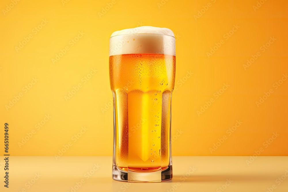 Beer glass with full beer isolated with a yellow background. Beer glass with full beer isolated with a yellow background.