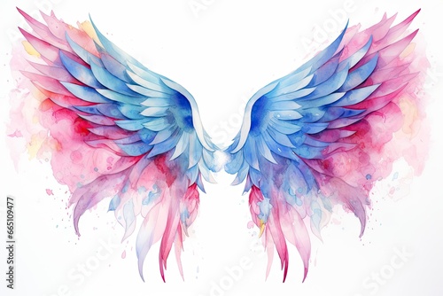 Beautiful magic watercolor blue pink wings.