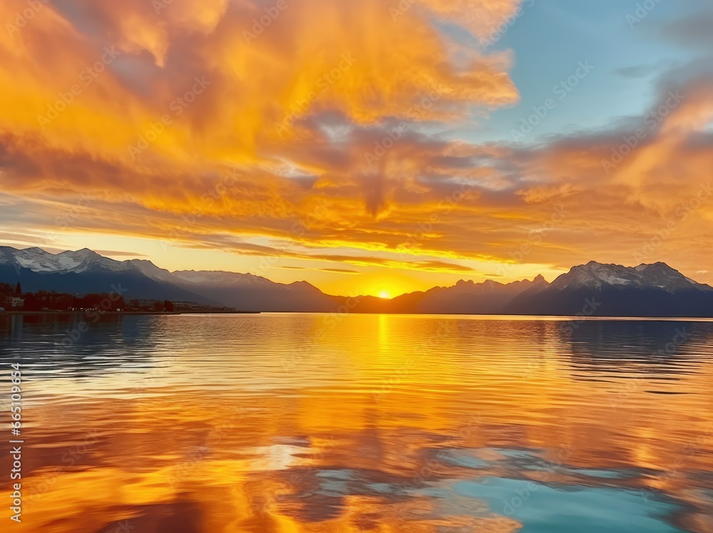 Bright sunset over Lake golden clouds reflect in the water. Bright sunset over Lake golden clouds reflect in the water.