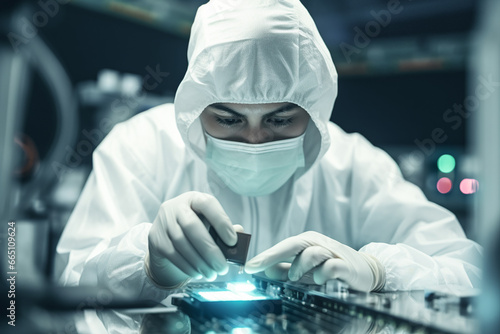 A man in a white suit and mask working on a machine created with Generative AI technology photo