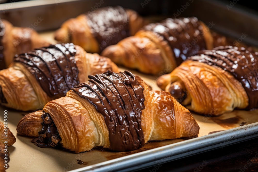 Chocolate croissants in bakery. Chocolate croissants in bakery.