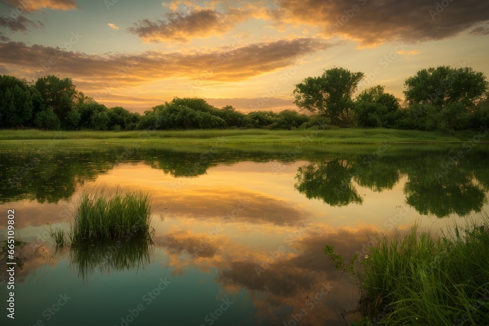 Obraz premium Sunset over the river. Generative AI.