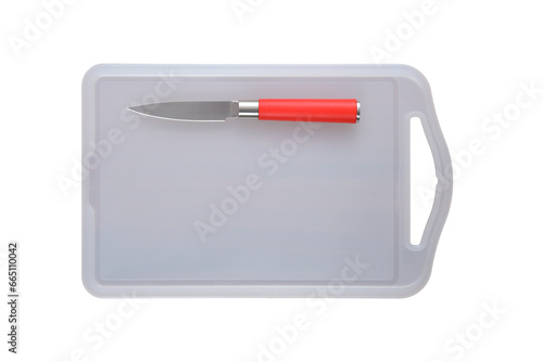 Top view of sharp chef knife with red handle on plastic cutting board. Isolated on white background
