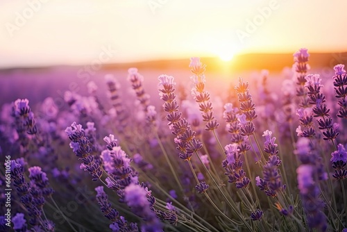 Close up lavender flowers in beautiful field at sunset.