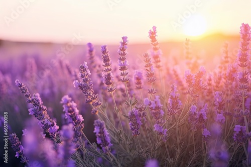 Close up lavender flowers in beautiful field at sunset.