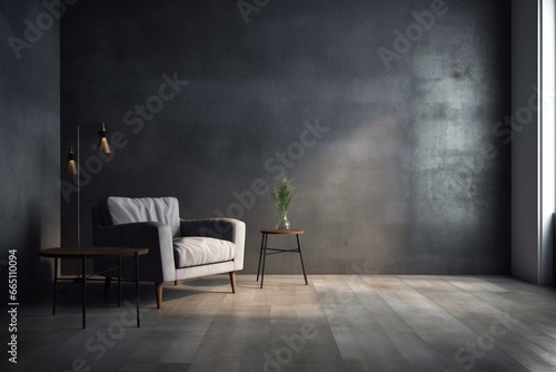 Gray sofa and armchair in an industrial room with dark cement wall. Generative AI