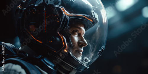 A futuristic astronaut wearing an advanced helmet with integrated digital displays gazes intently into the distance. Deep blue hues set an atmospheric tone. Generative AI. photo