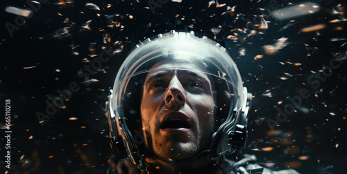 A close-up of a man wearing a helmet, surrounded by golden particles, capturing a moment of awe and wonder as he gazes into the unknown. Generative AI.