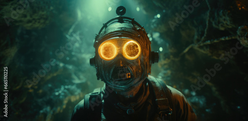 A mysterious diver, with illuminated orange goggles, emerges from the depths of an aquatic cavern. Glowing particles surround in a surreal underwater ambiance. Generative AI. photo