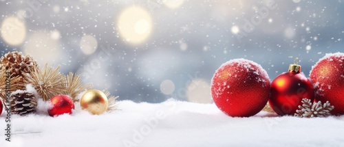 christmas background with christmas tree and balls. Isolated Fir Branches with Christmas Red Tree Balls. Generative AI