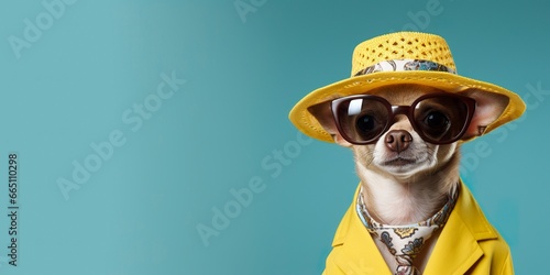 Cool looking Chihuahua dog wearing funky fashion dress. space for text right side. photo