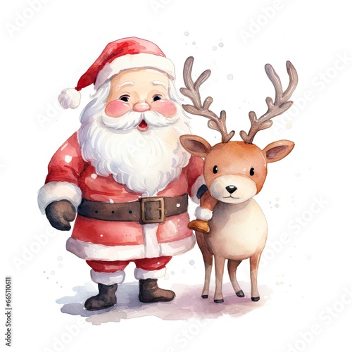 Cute Santa Claus standing with reindeer.