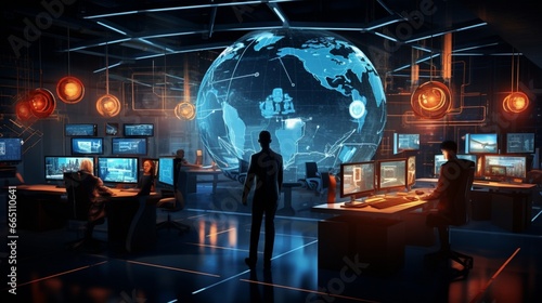an enticing image of a Cybersecurity operations center, where defenders shield against cyberattacks with sophistication and vigilance